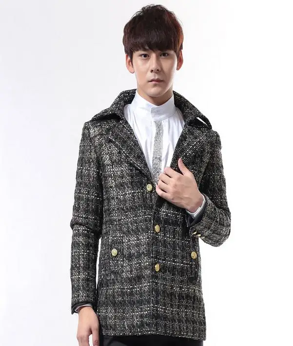 Черный серый Англии диких мода корейский шерстяной плед Костюмы мужские досуг средней длины пиджак мужчины Бизнес костюм пальто куртка