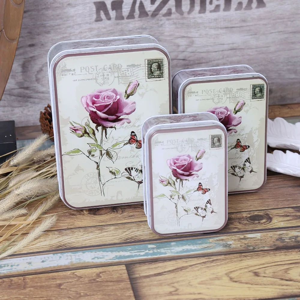 

Free Shipping! 3pcs/set Rose Flower Tin Storage Case Candy Box Creative Gift Box Set Sundries Container Christmas GIFT BOX