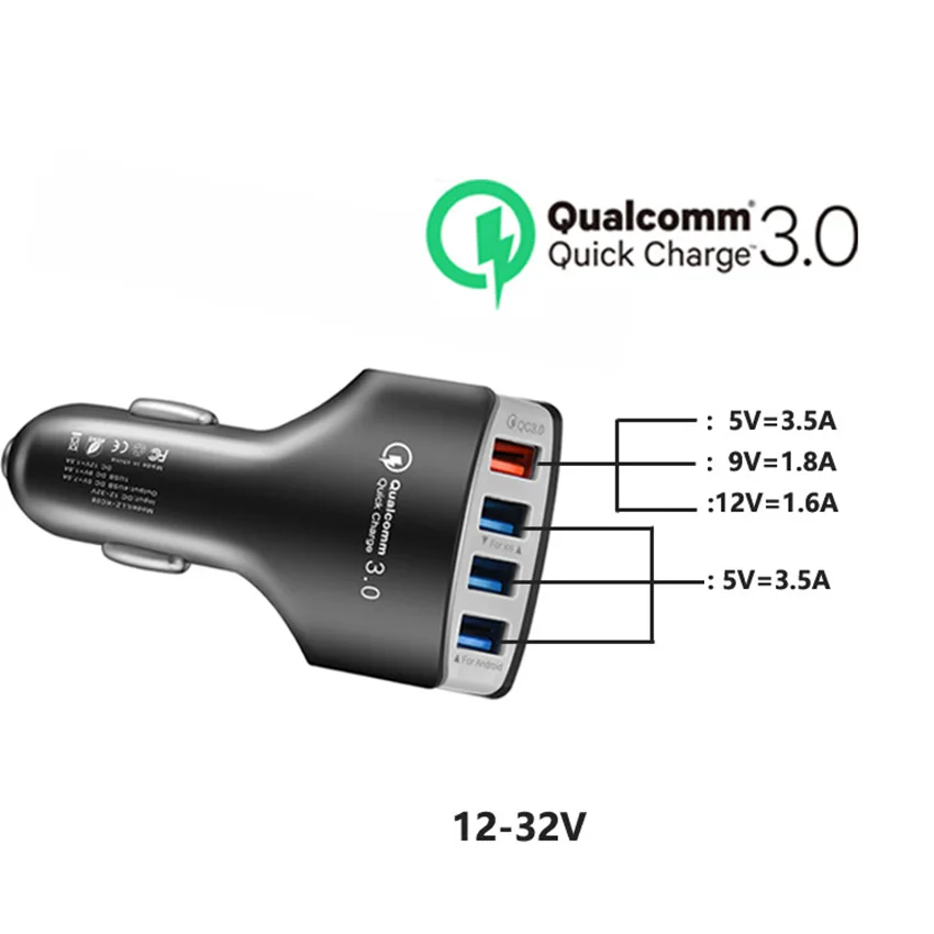 Автомобильное зарядное устройство 4 в 1 с USB портом и поддержкой быстрой