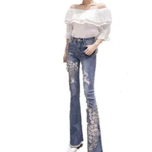 Вышитые джинсы с бисером женские джинсы с высокой талией новые женские Большие размеры женские облегающие джинсы Промытые винтажные женские джинсы