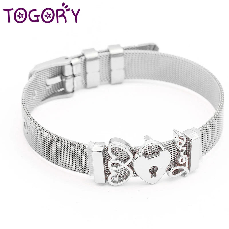 

TOGORY Design Jewelry 2019 New Mesh Keeper Fine Bracelet with Heart Slide Charm Stainless Steel Wrap Bracelets for Women Men