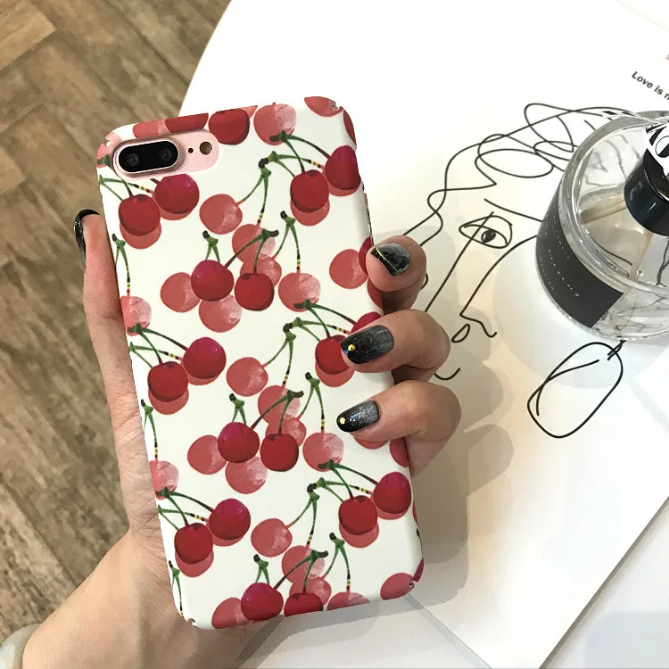 

Bright Color Printed Case Cartoon Strawberry Cherry Back Cover For Apple iPhone 6 6S 8 7 Plus X Full Protective Cases