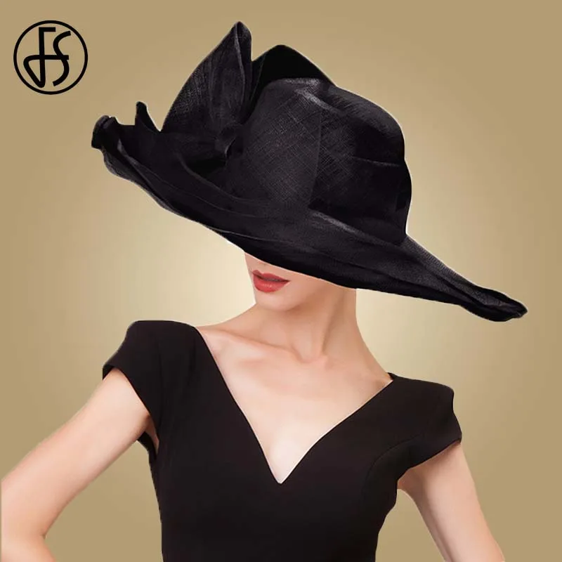 FS elegante negro Beige blanco Lino boda sombreros Bowknot Sinamay mujeres Kentucky Derby sombrero señoras gran ala ancha Chapeau Fedora - 2