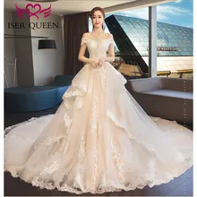 Рукава-крылышки цвета шампанского с изящной вышивкой большой Поезд Многоуровневое Тюлевое кружевное платье для свадьбы в Корейском стиле свадебное платье WX0147