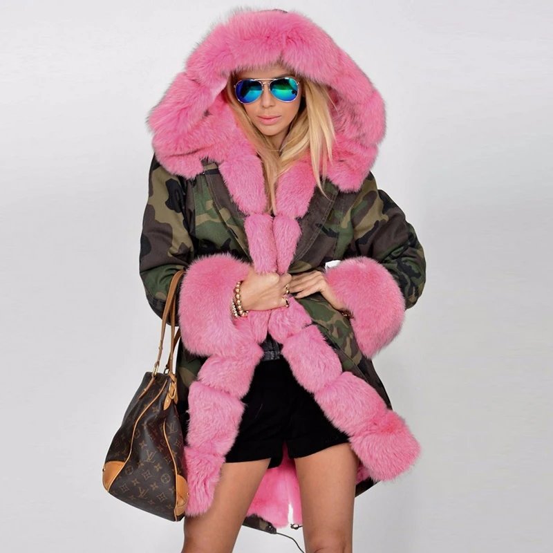Manteau Femme Femmes De Grey black Black Coat Manteaux Burgundy black green Naturelle Pink Beige Hiver Chaud Pink Grand Green black Col camo Renard Avec green Réel Veste Fourrure Véritable 8SrqErx