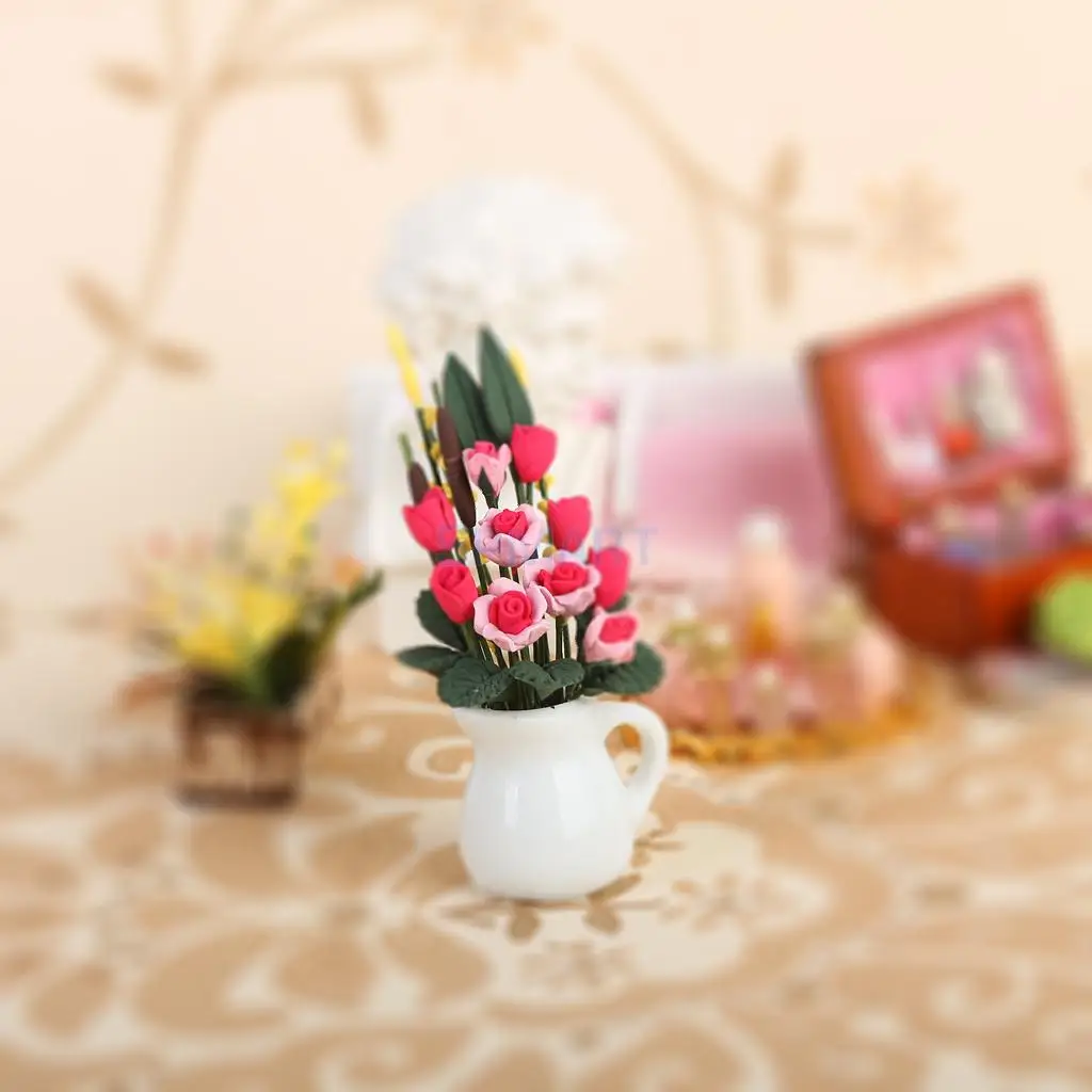 SPMART 1/12 кукольный домик миниатюрная розовая глина цветок розы с белой вазой