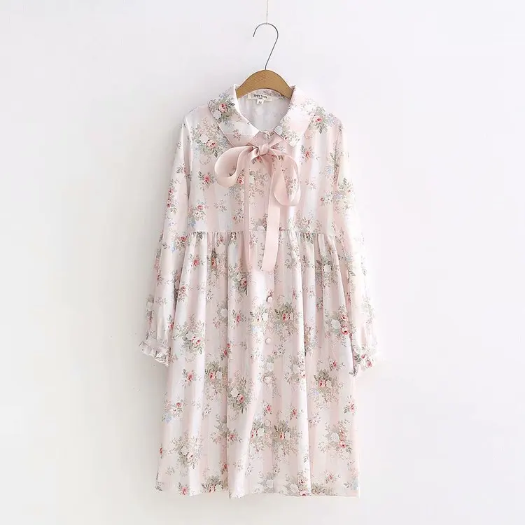 

S23964 mori girl 2018 autumn Rural Rose flowers print long sleeve Chiffon dress