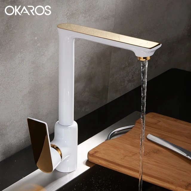 Best Offers OKAROS New Kitchen Faucet White Faucet Solid Brass White Paint Baked With Golden Finish 360 Degree Rotation Single Handle C028