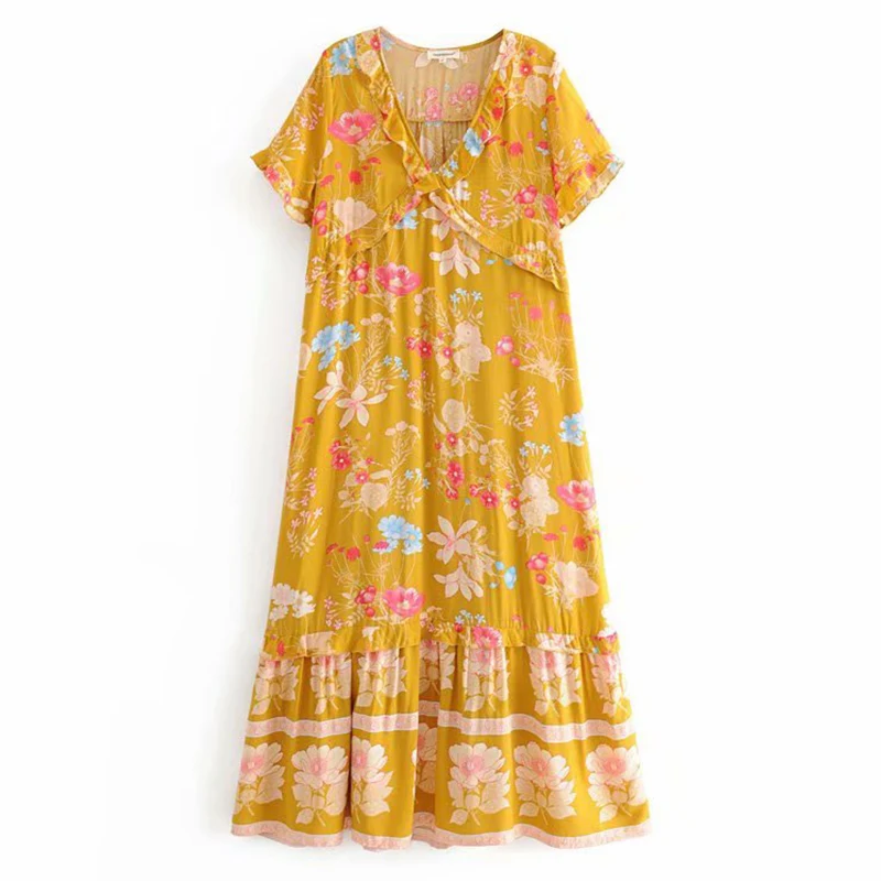

Summer Women's Dresses Women's Retro Fashion Loose Small Floral Ruffles V-neck Print Dress Casual Vacation Elegant Brand Dress