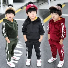 Комплект одежды для мальчиков с длинными рукавами и капюшоном; Однотонный плотный флис; зимняя теплая ветровка; комплект одежды с капюшоном; комплекты спортивной одежды