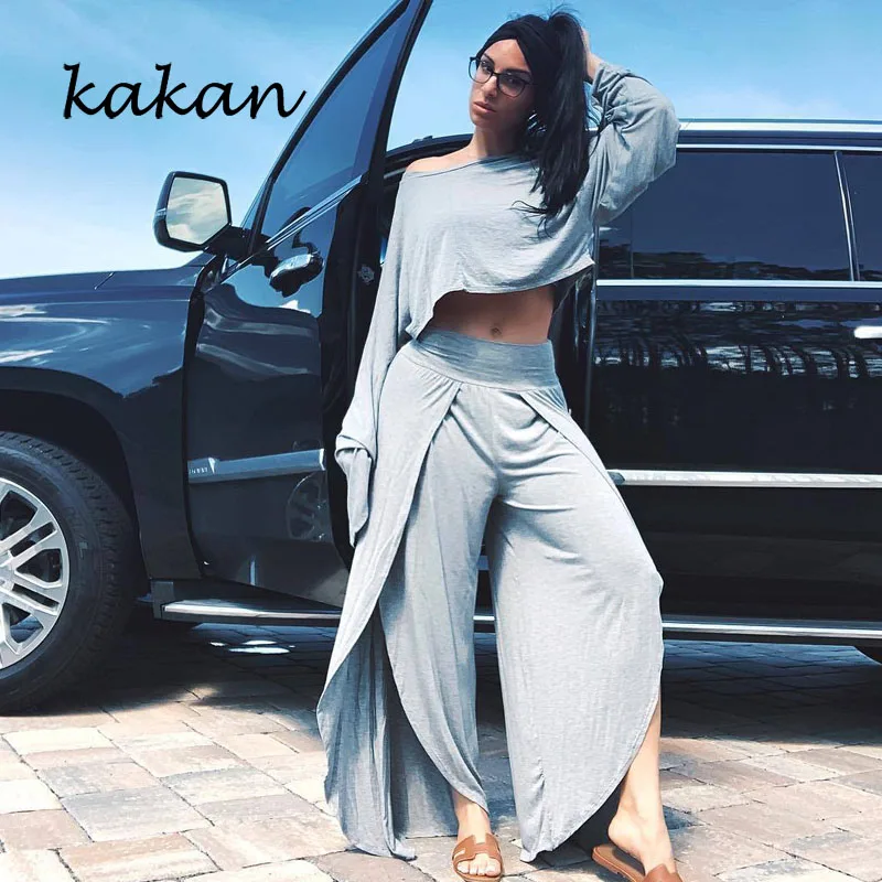 

Kakan best women's jumpsuit two-piece summer sexy fashion one-shoulder long-sleeved jumpsuit solid color casual split jumpsuit