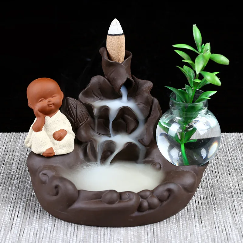 

Purple Clay Little Buddha Backflow Incense Burner Monk Sandalwood Incense Holder Armor Censer Home Office Aromatherapy Censer