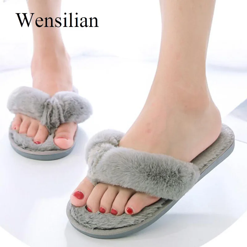 

Designer Fur Slides Winter Flip Flops Warm Fluffy Furry Slippers Lady House Indoor Shoes Flat Shoes Pantoufle Femme Plus Size 41