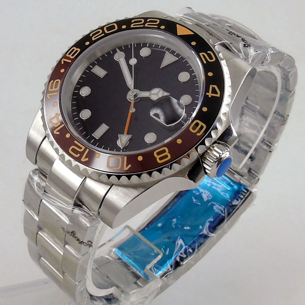 

Sapphire Crystal BLIGER 40mm Black Sterile Dial Ceramic Bezel Date Magnifier GMT Function Automatic Movement Men's Watch B12C
