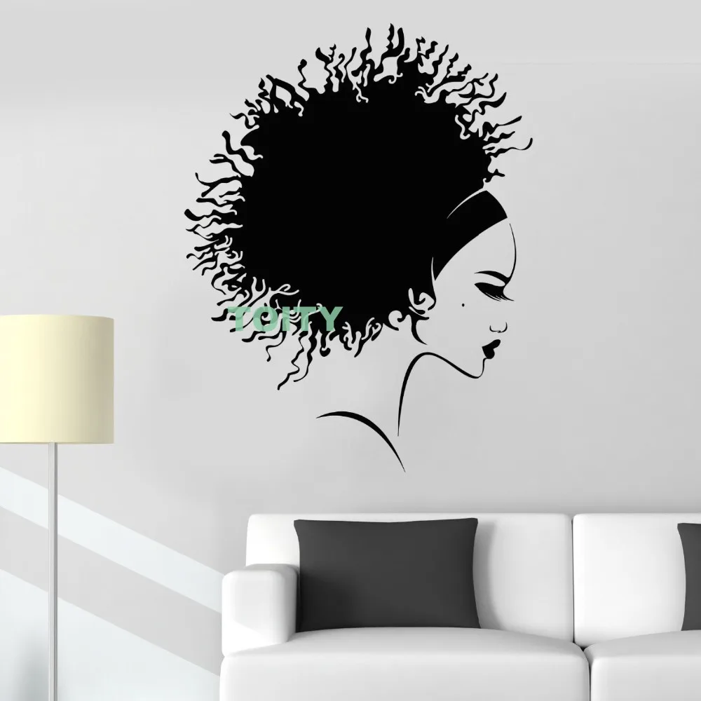 

Vinyl Wall Decal Afro Hairstyle Beautiful Black Girl Hair Salon Sticker Home Interior Bedroom Decor African Mural H73cm x W57cm
