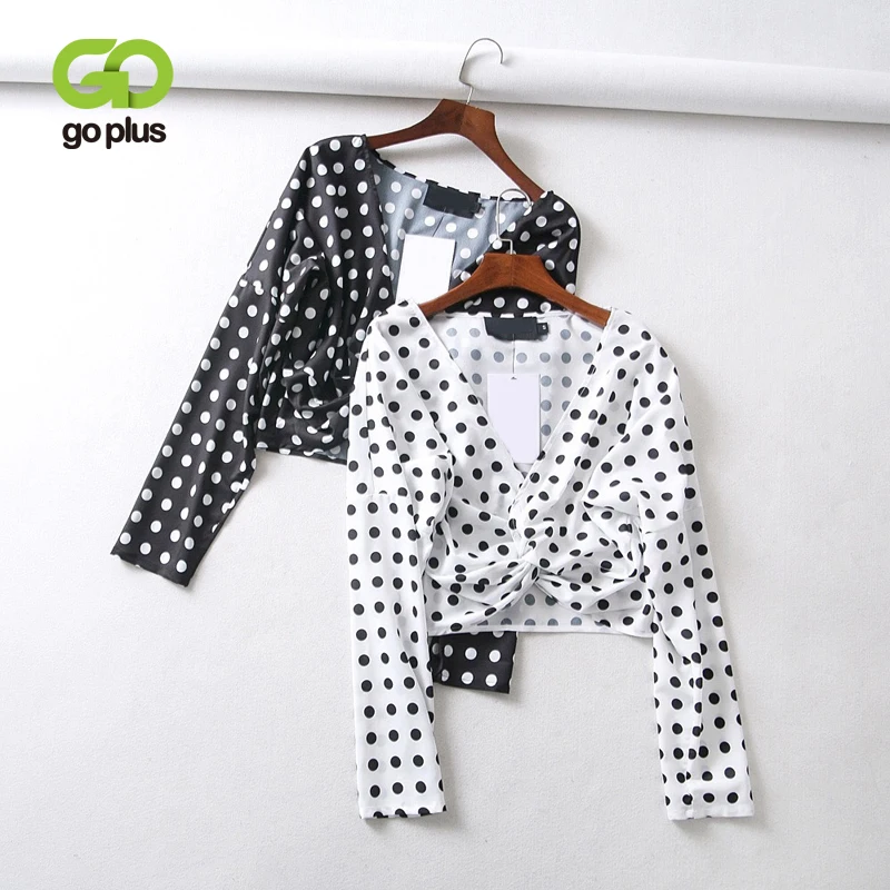 

Autumn 2019 Women Fashion Chiffon Blouse Sexy V-neck Batwing Sleeve Loose Polka Dot Short Blouse Shirts White Crop Tops C8122