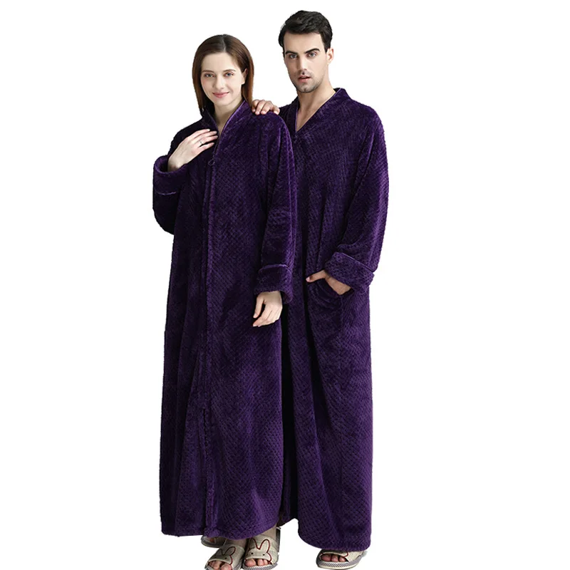 Purple Winter bathrobes Women Men Robe Autumn Winter Warm Long Sleeve