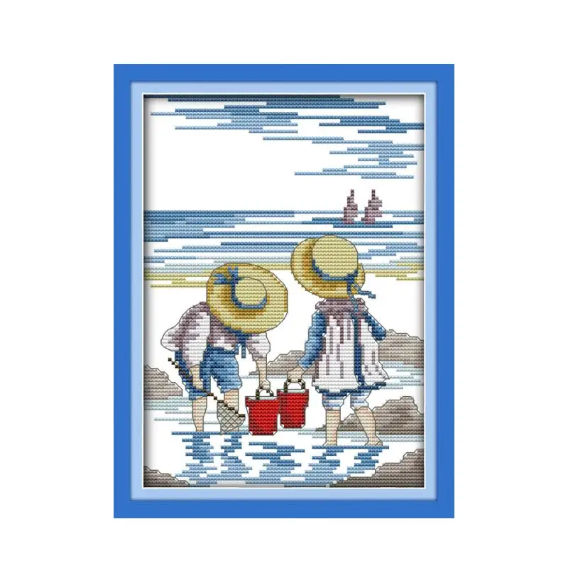 Маленький мальчик девочка играть на пляже смотреть пейзаж счастливое детство 11CT Вышивка крестом Печать Дети миниатюрный узор