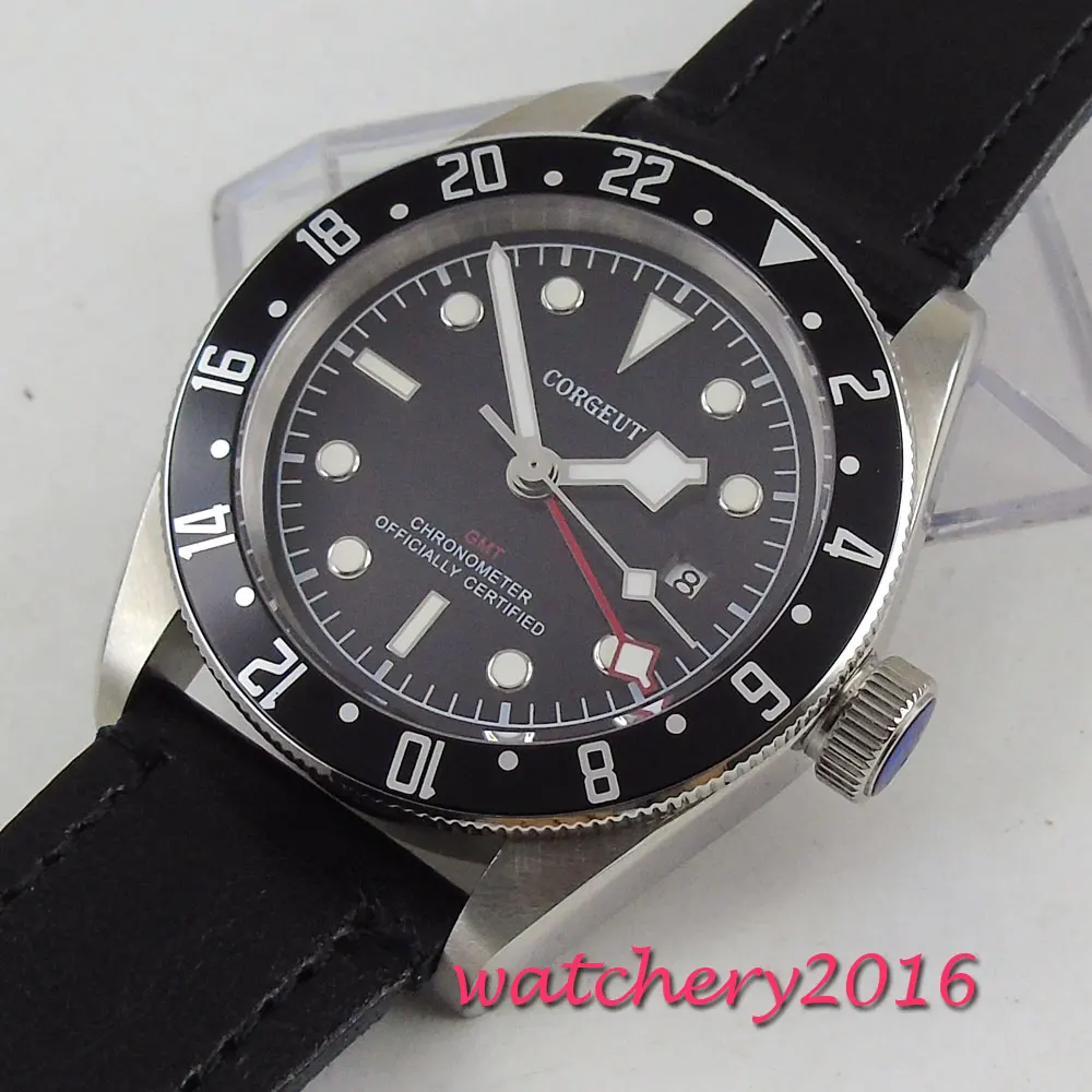  41mm Corgeut Black Dial GMT Sapphire Glass Date Super LUME Rotating Bezel Steel Case Top Brand Auto