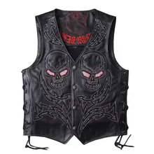 Черный мужской мотоциклетный кожаный жилет с вышивкой черепа размера плюс XXXL из натуральной воловьей кожи короткий Байкерский кожаный жилет