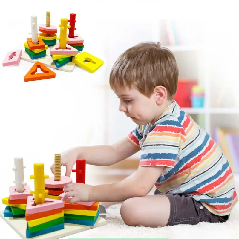 Children Toys Building Blocks Wooden Geometric Sorting Board Block Kids