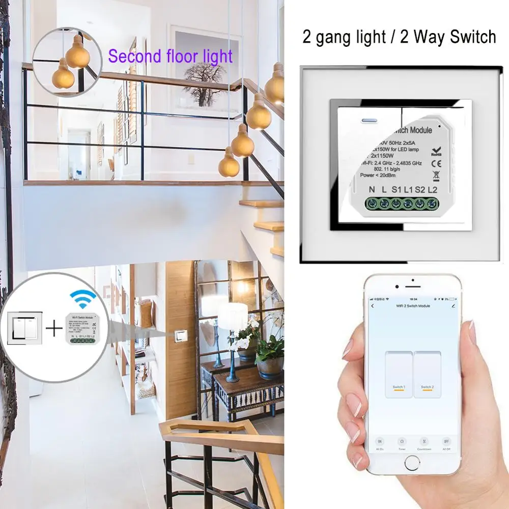 Wifi light switch 2 way 2 gang controller 10A 2300W Smart Switch Module timer control Compatible Alexa Google IFTTT smart life