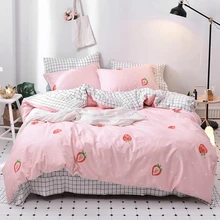 Pink Cute Strawberry Duvet Cover Set 100% Cotton Brief Plaid Bed Sheet Pillow Case Twin Queen Size Bedding Sets For Adults