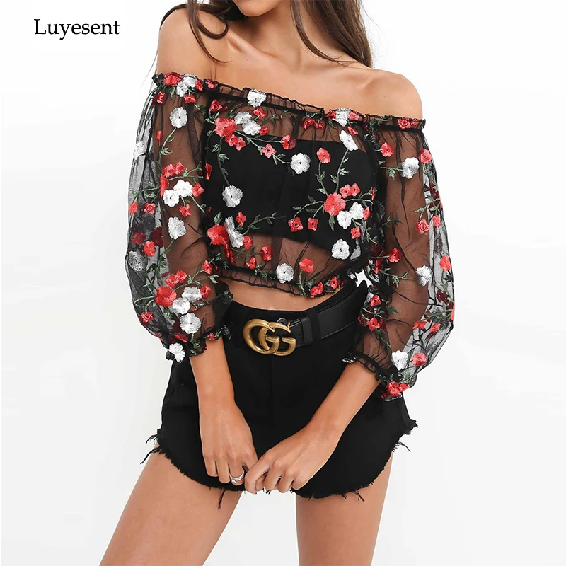 

Floral Embroidery Women Transparent Mesh Crop Blouse Sexy Off Shoulder 2019 Lady Slash Neck Backless Short Blusa Lady Thin Top