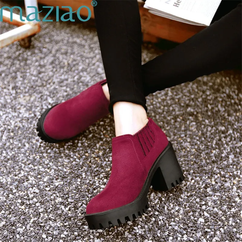 

Thick High Heels Booties Woman Flock Platform Female Ankle Boot Slip on Round Toe Causal Short Boots MAZIAO