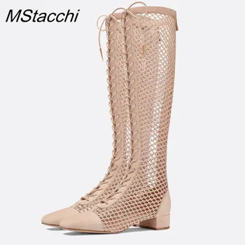 

MStacchi Sexy Women Sandals Pointed Toe Summer Boots 2020 New Hot Hollow Out Gladiator Sandals Female Lace Up Knee High Boots