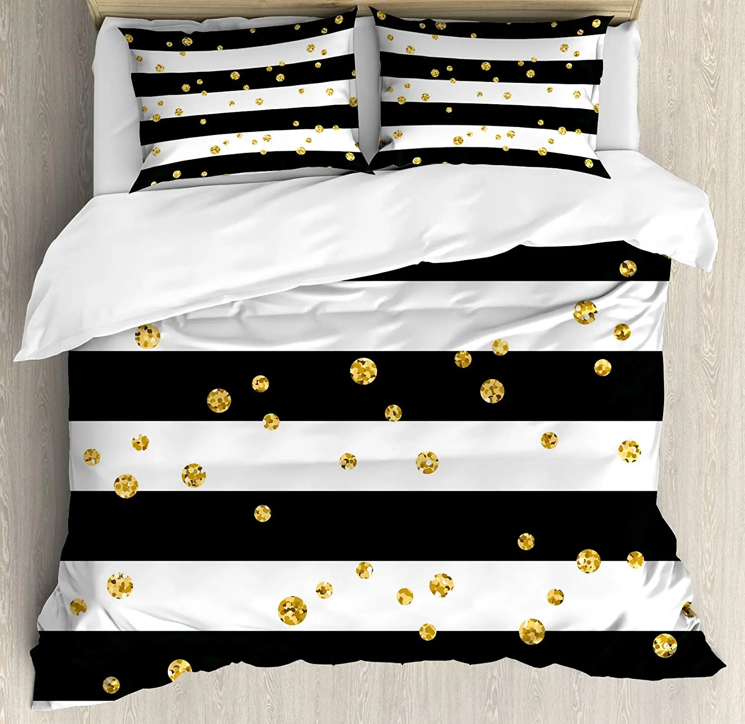 

Gold White King Size Duvet Cover Set Horizontal Bold Lines Stripes Polka Dots Circles Bedding Set Shams Charcoal Grey Yellow