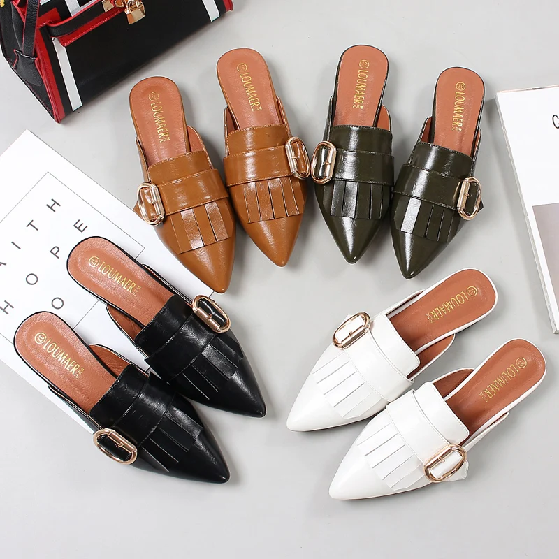 

Tassel design woman mules shoes pointed toe sandals belt buckle slippers 41-43 big size flip flops ladies sandals brand mules
