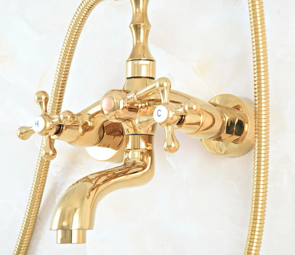 Luxury Gold Color Brass Bathtub Faucet Wall Mounted Tub Sink Faucet Dual Handle Bath Shower Mixer Tap with Hand Shower Luxury Gold Color Brass Bathtub Faucet Wall Mounted Tub Sink Faucet Dual Handle Bath Shower Mixer Tap with Hand Shower