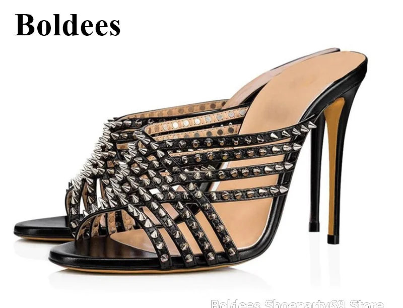 Sexy Silvery Rivet Embellished Hollow Mouth Slides Studded Slip On Open Toe High Heel Sandals Stiletto Mules Shoes | Обувь
