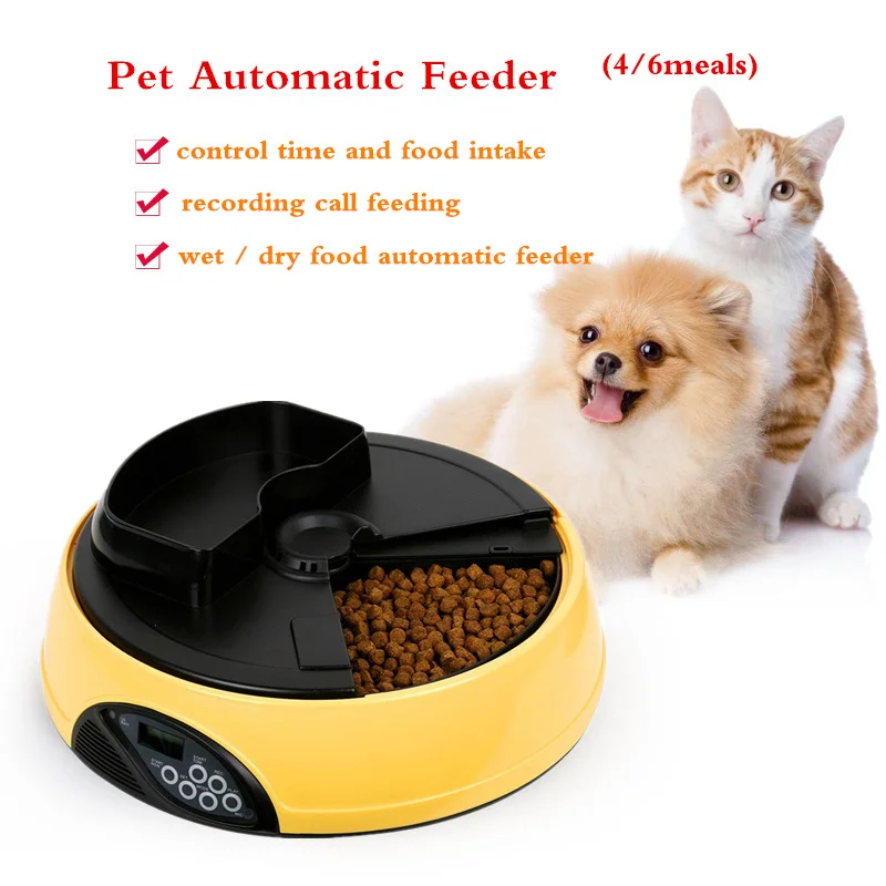 

4/6 Meals Pet Automatic Feeder LCD Digital Automatic Pet Dog Cat Recorder Feeder Set 6 Feeding Meal Times Water Food Dispenser