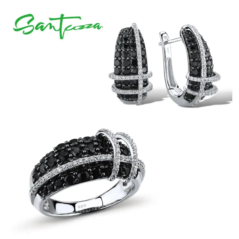 SANTUZZA Ювелирные наборы для женщин сверкающие черные шпинели белые камни CZ кольцо серьги набор 925 пробы серебряные модные ювелирные изделия