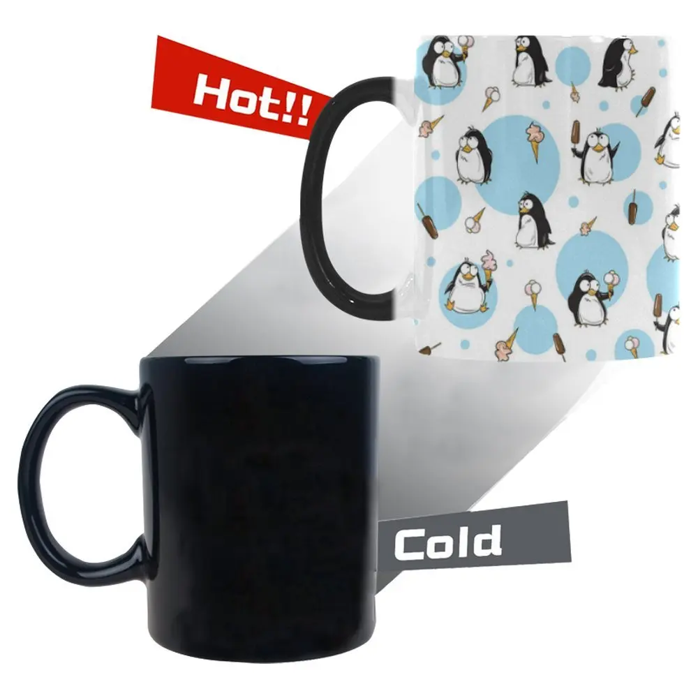 

Cute Cartoon Penguin Morphing Mug Heat Sensitive Color Changing Coffee Mug Cup Funny Blue White Polka Dot Birds Sea Animal Ice
