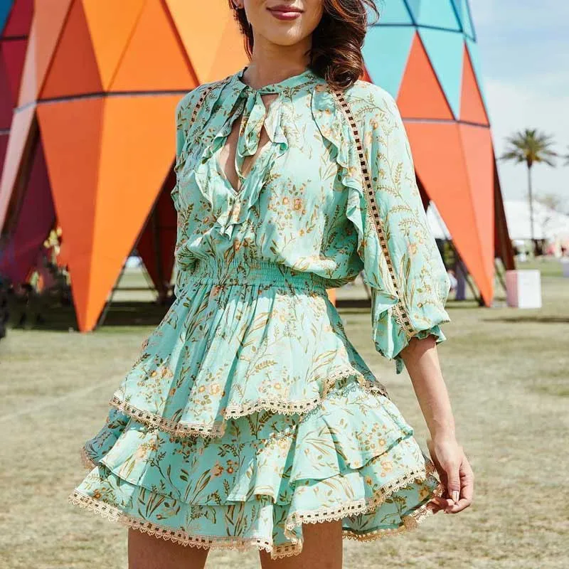 2019 Summer Women Print Mini Dresses Long Sleeve Party Boho Dress