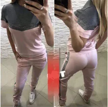 

Women Elastic Waist Real Sale Cotton Short O-neck Fashion Suits 2018 New Casual Hit Color Two-piece Female