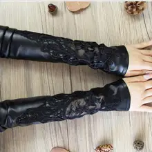 Черный цвет готический панк леди девушка сексуальный диско танцевальный костюм вечерние кружева палец кожаные длинные перчатки