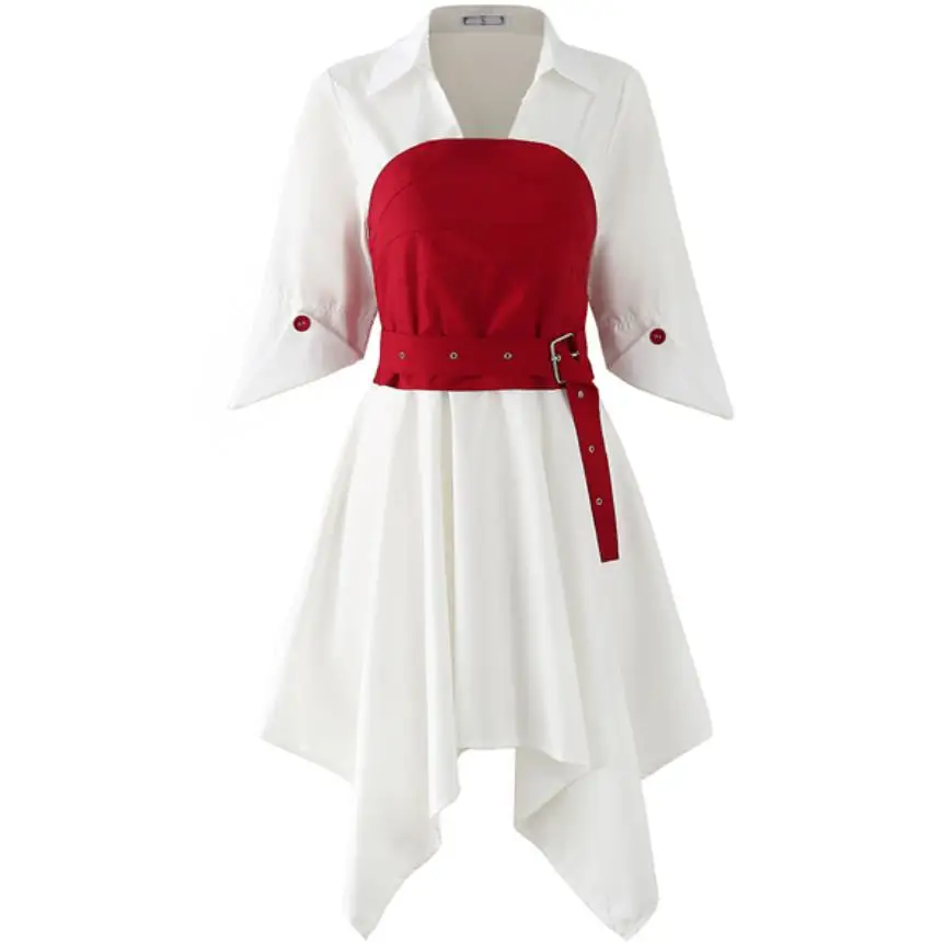 

2019 New Fashion Summer Women's Short Sleeve Irregular Shirt Dress + Small Vest Belt Two Pieces