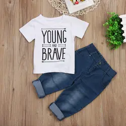 Новорожденный малыш для маленьких мальчиков одежда короткий рукав футболки + Комплект с джинсовыми штанами комплект из 2 предметов для