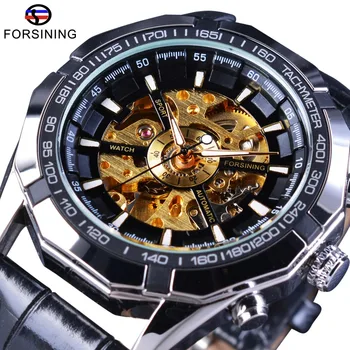 

Forsining Automatic Watch Transparent Case PU Leather Steampunk Wristwatch Luminous Hands Men Skeleton Watches Top Brand Luxury