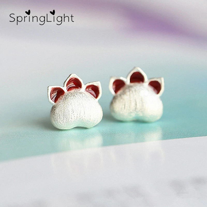 

SpringLight Cute Cat Footprint Earring Real 925 Sterling Silver Fine Jewelry Dainty Kitten's Paw Stud Earrings for Women Gift