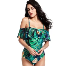 Купальный костюм размера плюс, новинка, купальный костюм с открытыми плечами, цельный купальный костюм, женская одежда для плавания с мягкими оборками, купальный костюм, сексуальные купальные костюмы