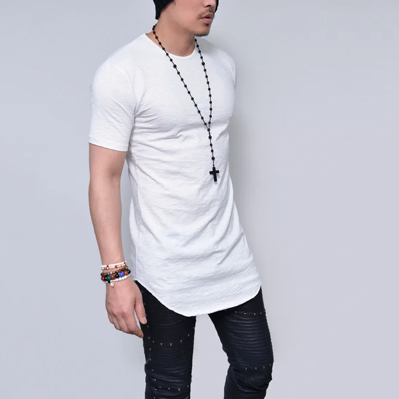 Cena 2018 nowa dostawa męska koszulka z krótkim rękawem ziarno Slub bawełniana koszulka męska Extened Longline curve hem streetwear koszulka męska
