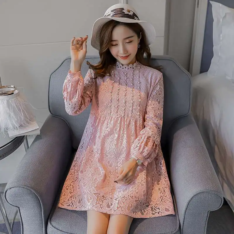 

New stand-up high waist lace maternity dress temperament ladies small fragrance long-sleeved cotton dress