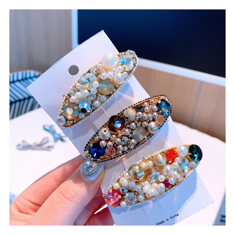 

High-grade Women hair accessories retro crystal baroque pearl hairgrip spring clip color gem hairpin hair clip fashion headdress