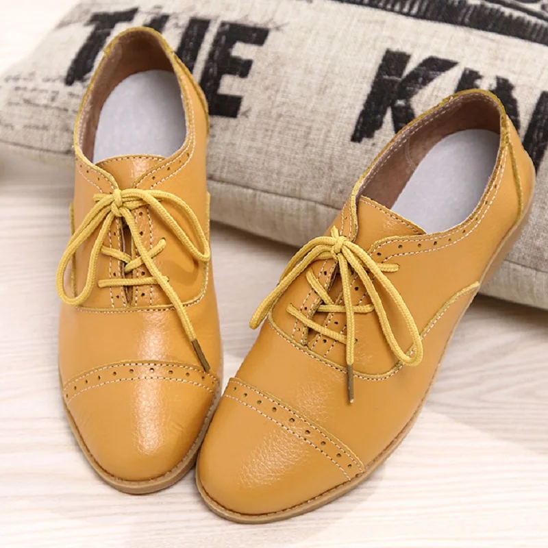 Designer Summer Oxford Genuine Leather Women Flats Brogue Soft White Black Casual Shoes Pointed Toe Chaussure