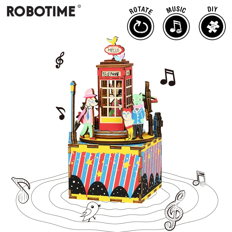 

Robotime DIY Phone Booth 3D Wooden Puzzle Game Assembly Rotatable Music Box Toy Gift for Children Adult AM401